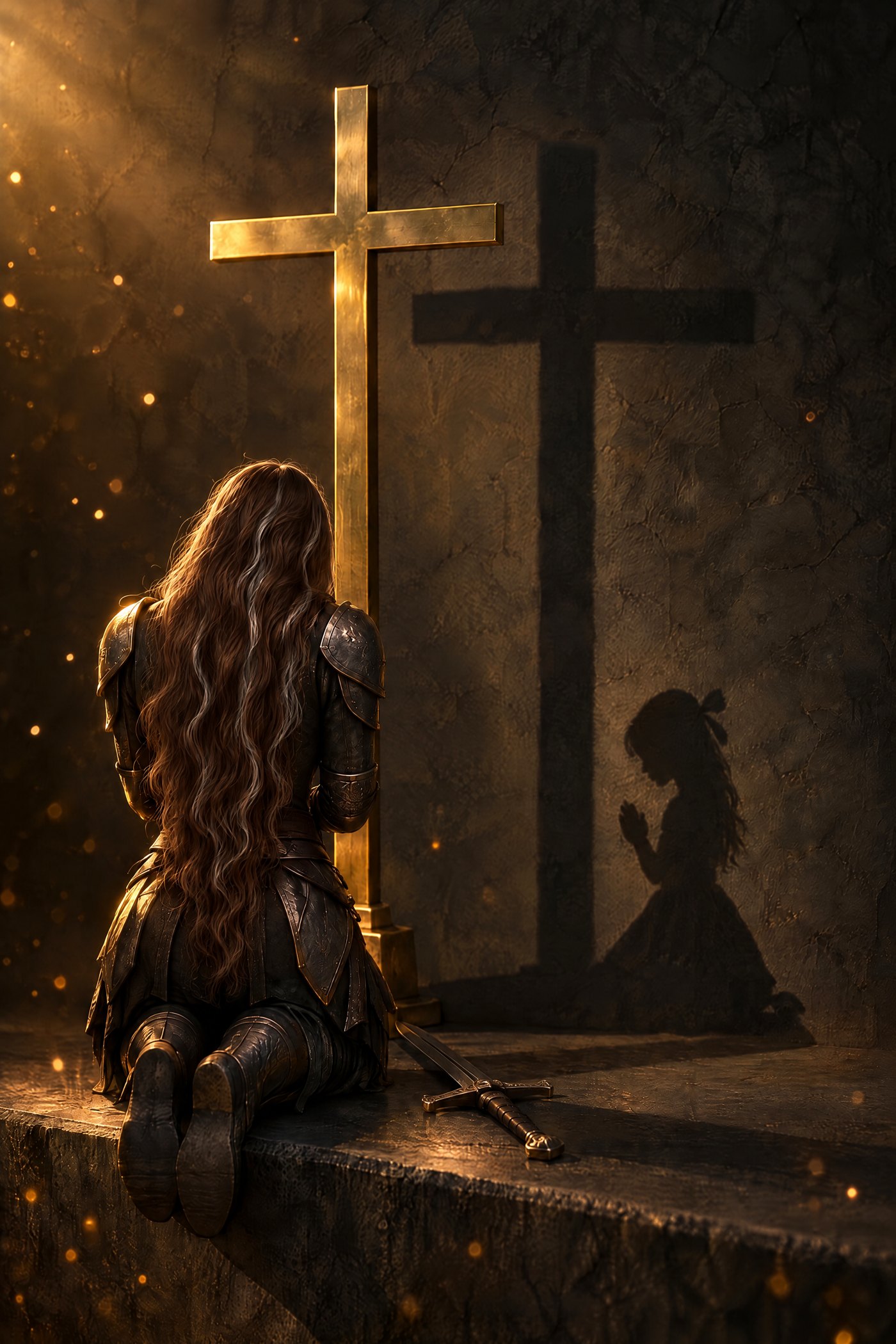 A woman warrior with long brown hair streaked with gray kneels at the foot of a gold cross, her sword beside her. Her shadow on the wall is a little girl kneeling in prayer.